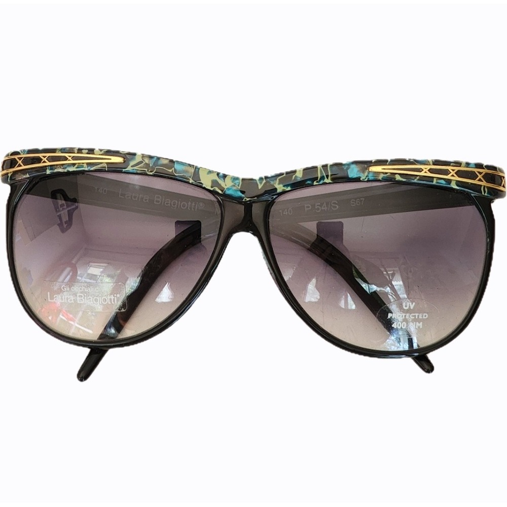 Laura Biagiotti Vintage Sunglasses Black Teal Gold P 54/S Made in Italy New